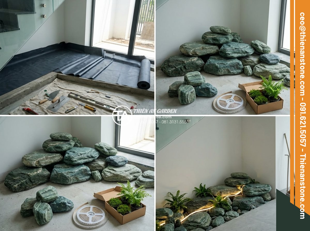 Tiểu cảnh đá cuội gầm cầu thang: Cách hóa giải góc chết hiệu quả - Step-by-step professional construction photography of under-stair pebble landsca