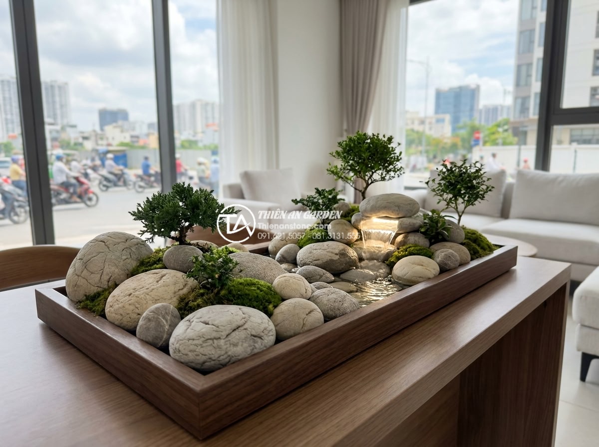 Tiểu cảnh đá cuội mini: Giải pháp mang thiên nhiên vào không gian nhỏ - High-resolution professional photograph of a miniature pebble stone landscape fe