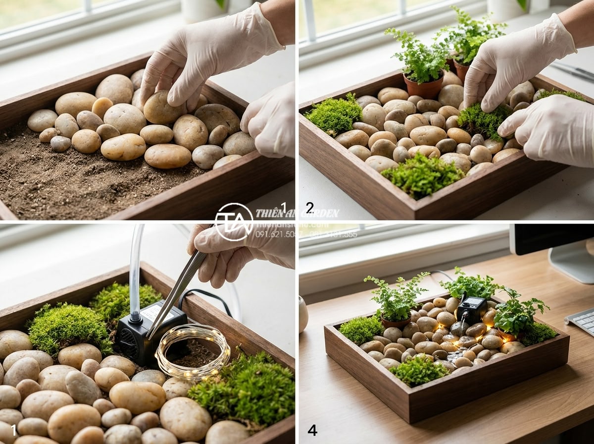 Tiểu cảnh đá cuội mini: Giải pháp mang thiên nhiên vào không gian nhỏ - Hình 7 Tiểu cảnh đá cuội mini: Giải pháp mang thiên nhiên vào không gian nhỏ - Step-by-step visual guide showing the process of creating a miniature pebble sto