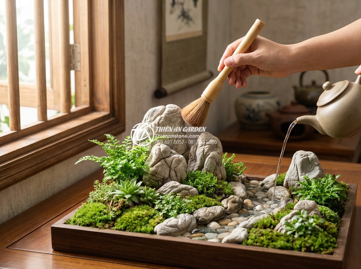 Tiểu cảnh đá cuội mini: Giải pháp mang thiên nhiên vào không gian nhỏ - Hình 8 Tiểu cảnh đá cuội mini: Giải pháp mang thiên nhiên vào không gian nhỏ - Maintenance scene of a beautiful miniature pebble garden being gently cleaned wi
