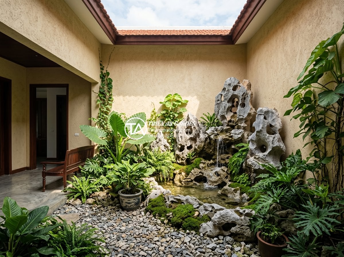 Tiểu cảnh đá cuội trong giếng trời: Mang ánh sáng và năng lượng tự nhiên - Tropical inspired skywell garden featuring natural brown river pebbles, lush gre