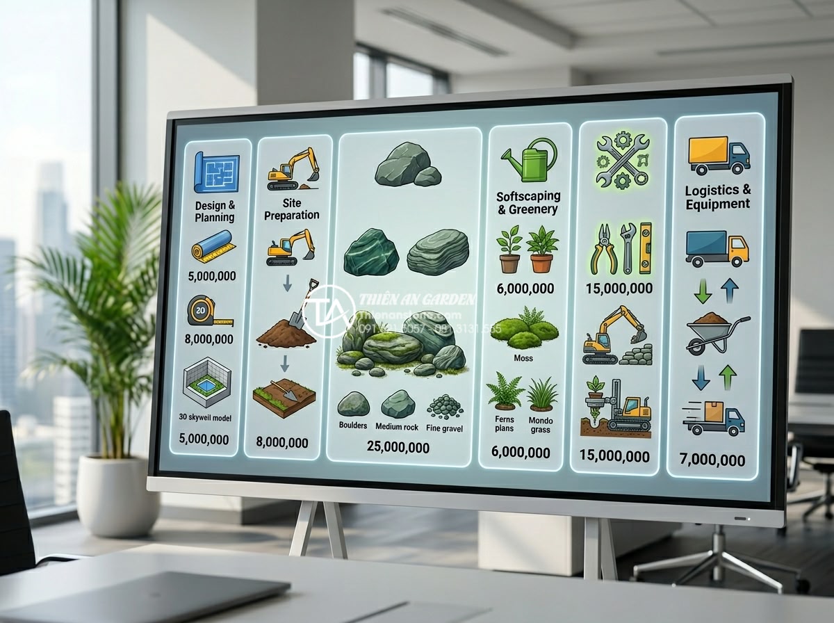 Tiểu cảnh đá cuội trong giếng trời: Mang ánh sáng và năng lượng tự nhiên - Detailed cost breakdown infographic style image for pebble stone skywell project