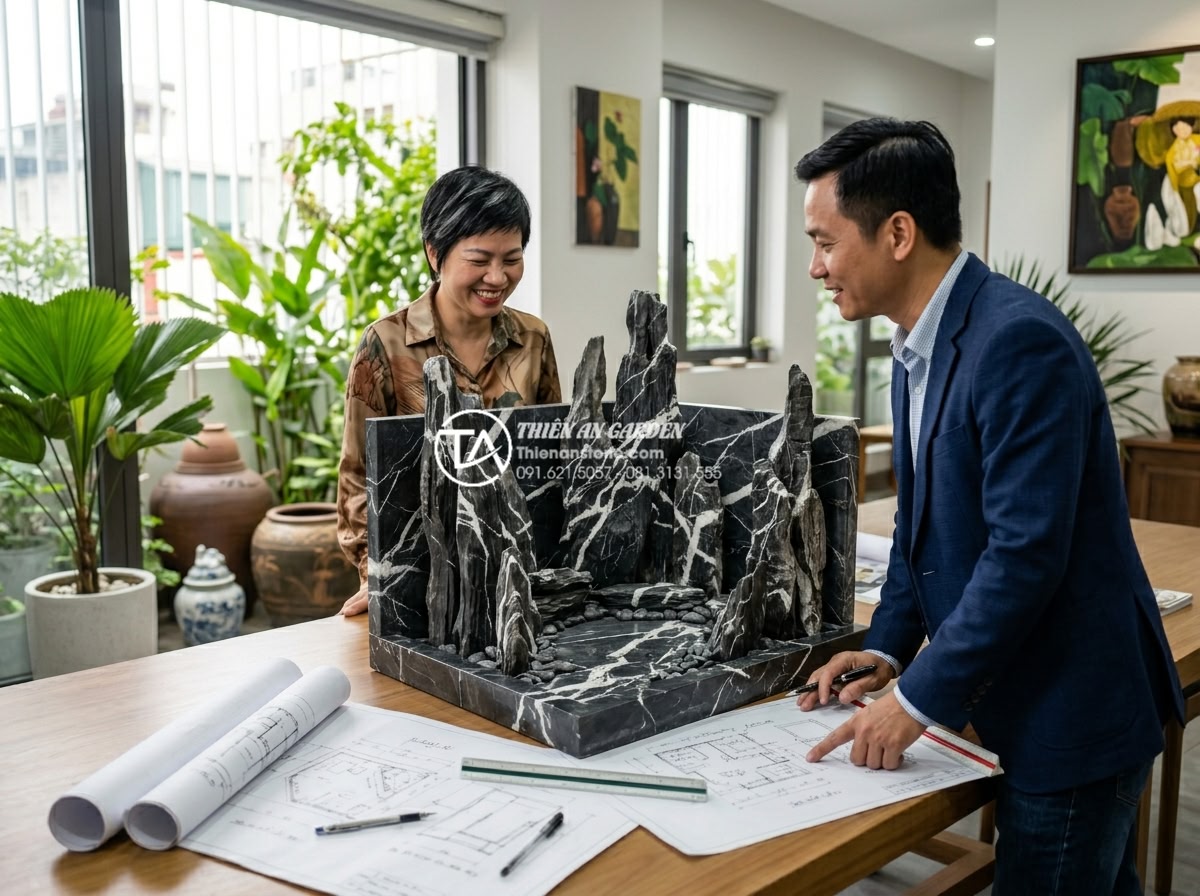 Tiểu cảnh đá cuội trong giếng trời: Mang ánh sáng và năng lượng tự nhiên - Happy Vietnamese homeowner discussing design plans with landscape architect in f