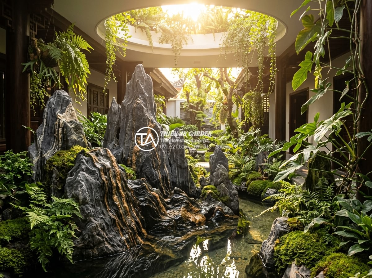 Tiểu cảnh đá cuội trong giếng trời: Mang ánh sáng và năng lượng tự nhiên - Stunning final result of Vietnamese skywell with natural river pebble stones, wa