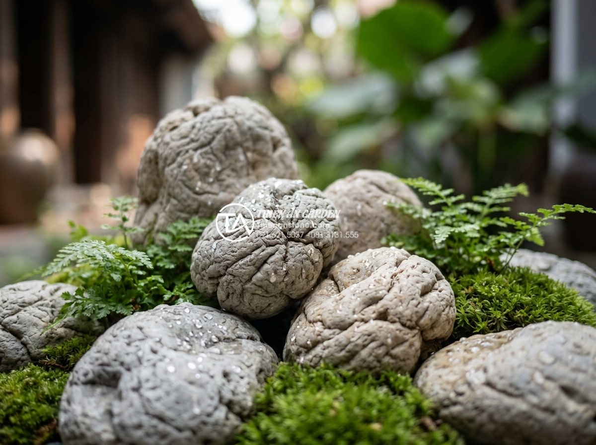 Tiểu cảnh đá cuội trong giếng trời: Mang ánh sáng và năng lượng tự nhiên - Close-up view of premium Vietnamese river pebbles in a skywell garden design, wa