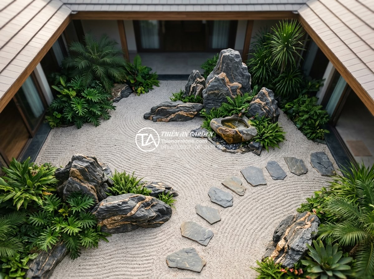Tiểu cảnh đá cuội trong giếng trời: Mang ánh sáng và năng lượng tự nhiên - Aerial view of beautifully designed skywell garden using natural Vietnamese rive
