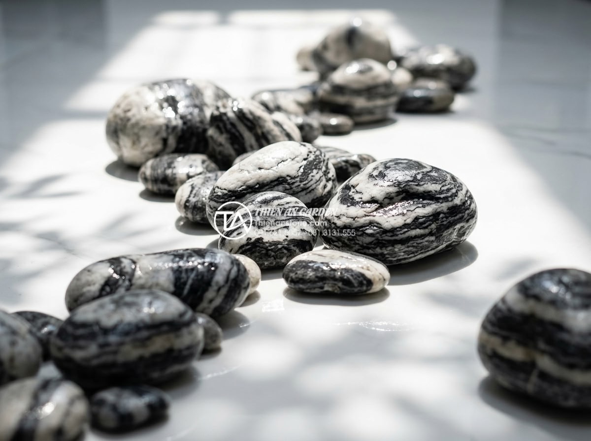 Tiểu cảnh đá cuội trong giếng trời: Mang ánh sáng và năng lượng tự nhiên - High-quality natural Vietnamese river pebbles of various sizes and natural earth