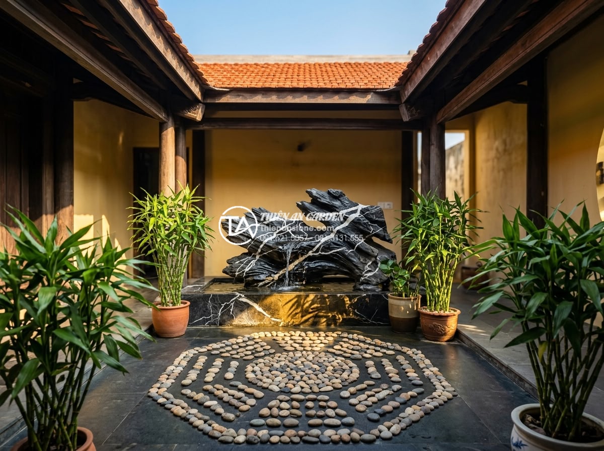 Tiểu cảnh đá cuội trong giếng trời: Mang ánh sáng và năng lượng tự nhiên - Feng shui inspired skywell design with natural pebble stones arranged in bagua p
