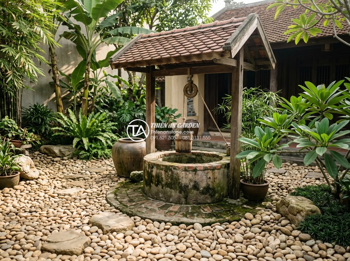 Tiểu cảnh đá cuội trong giếng trời: Mang ánh sáng và năng lượng tự nhiên - Traditional Vietnamese courtyard well with pebble stone landscaping following fe