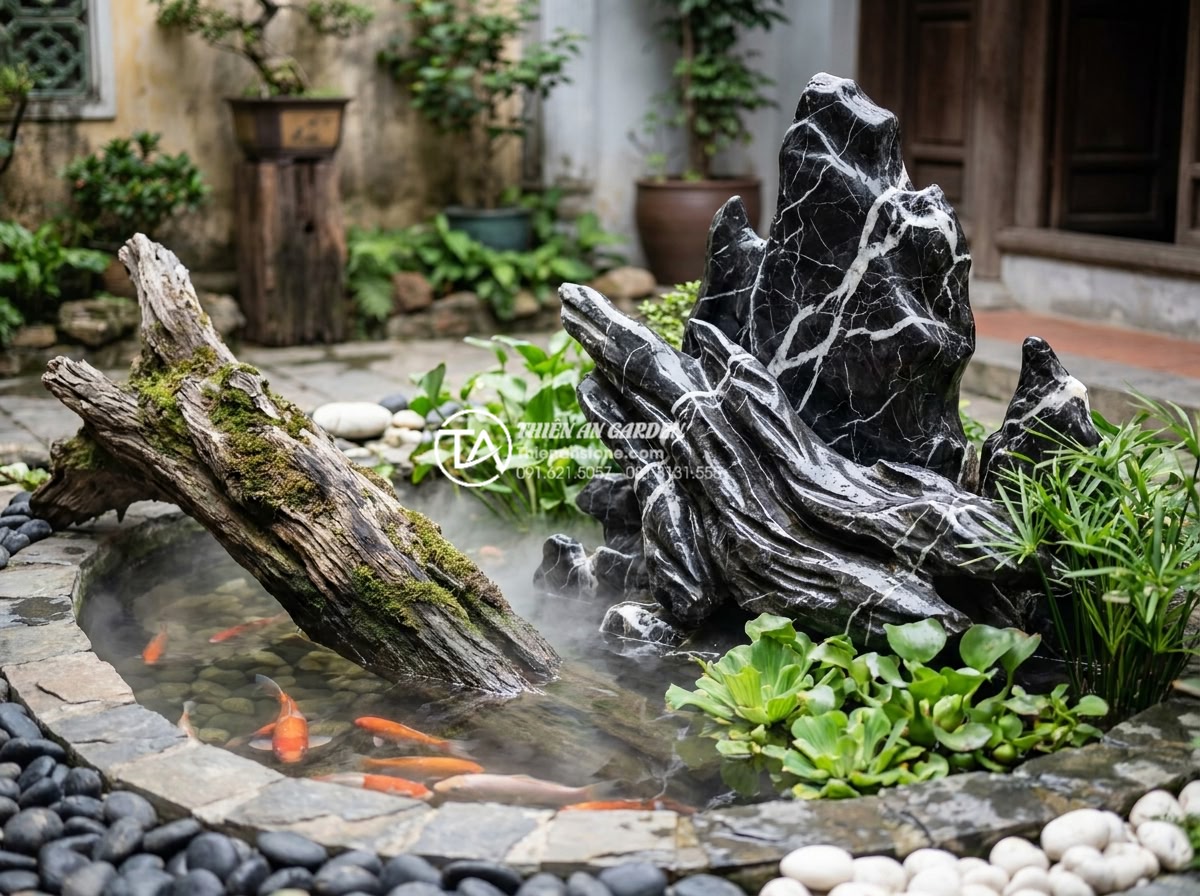 Tiểu cảnh gỗ lũa hợp mệnh Kim, Thủy hay Mộc? Giải đáp từ chuyên gia - Realistic high-detail image of elegant driftwood and natural stone water feature
