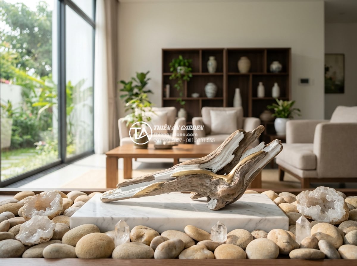 Tiểu cảnh gỗ lũa hợp mệnh Kim, Thủy hay Mộc? Giải đáp từ chuyên gia - Professional realistic photograph of luxury indoor driftwood feng shui arrangeme