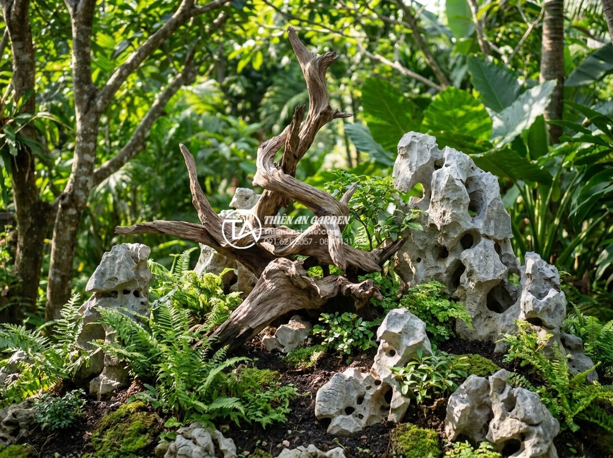 Tiểu cảnh gỗ lũa hợp mệnh Kim, Thủy hay Mộc? Giải đáp từ chuyên gia - Beautiful realistic photograph of artistic driftwood garden sculpture for wood e