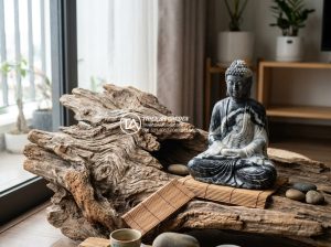 Tiểu cảnh gỗ lũa kết hợp tượng Phật: Không gian thiền định tại gia - A close-up realistic photograph of a home zen meditation corner featuring a larg