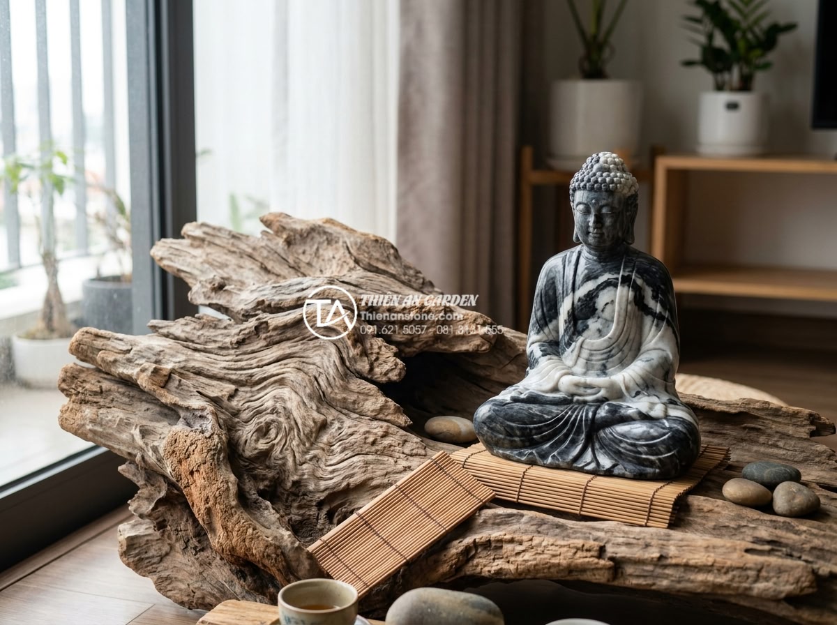 Tiểu cảnh gỗ lũa kết hợp tượng Phật: Không gian thiền định tại gia - A close-up realistic photograph of a home zen meditation corner featuring a larg