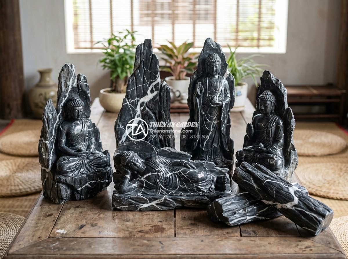 Tiểu cảnh gỗ lũa kết hợp tượng Phật: Không gian thiền định tại gia - Variety of Buddha statues in different poses displayed next to driftwood samples