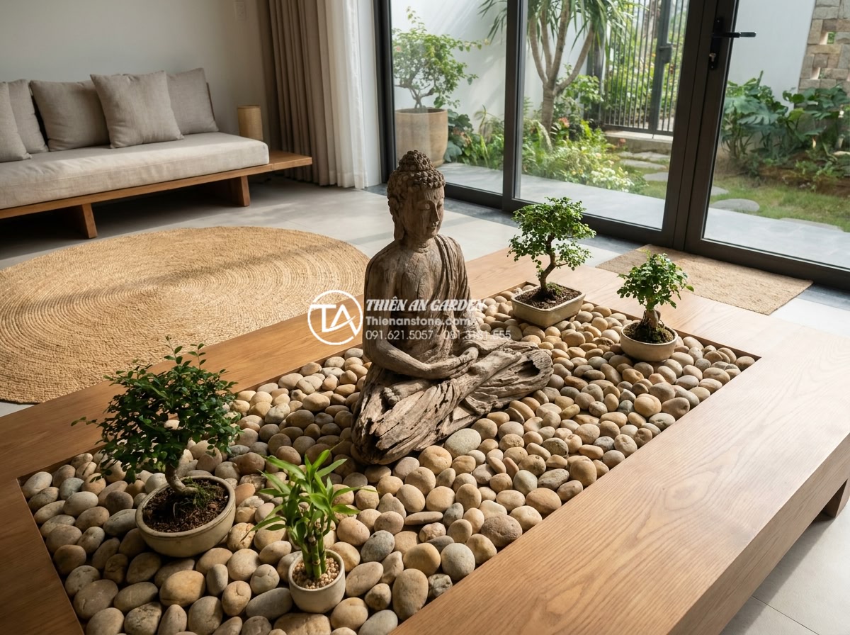 Tiểu cảnh gỗ lũa kết hợp tượng Phật: Không gian thiền định tại gia - Professional interior design photo of a fully arranged driftwood Buddha zen gard