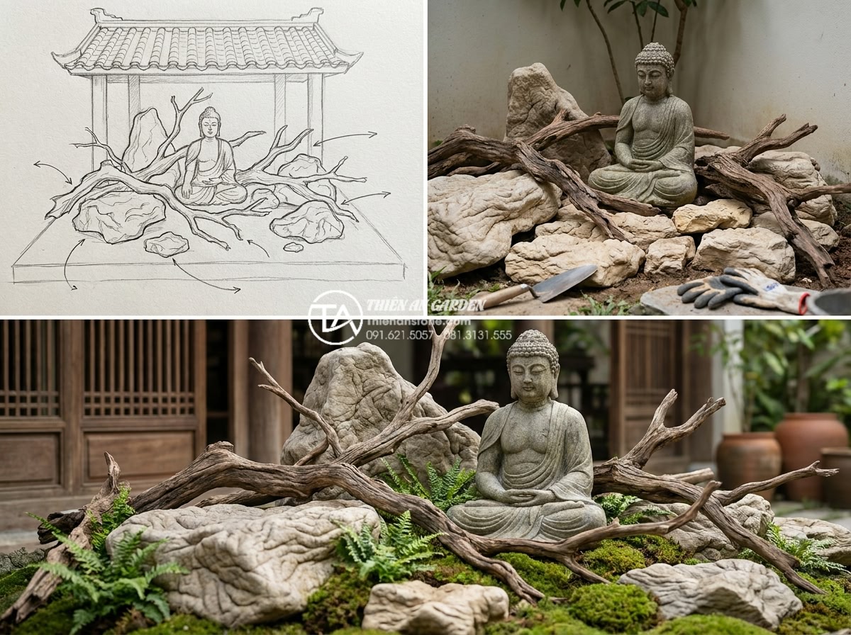 Tiểu cảnh gỗ lũa kết hợp tượng Phật: Không gian thiền định tại gia - Step-by-step design layout of driftwood and Buddha statue arrangement, including