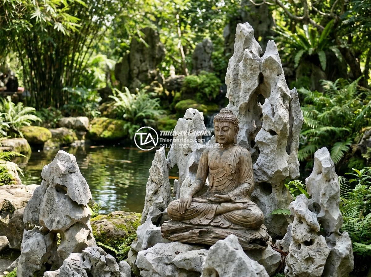 Tiểu cảnh gỗ lũa kết hợp tượng Phật: Không gian thiền định tại gia - Outdoor zen garden featuring driftwood Buddha centerpiece surrounded by natural 