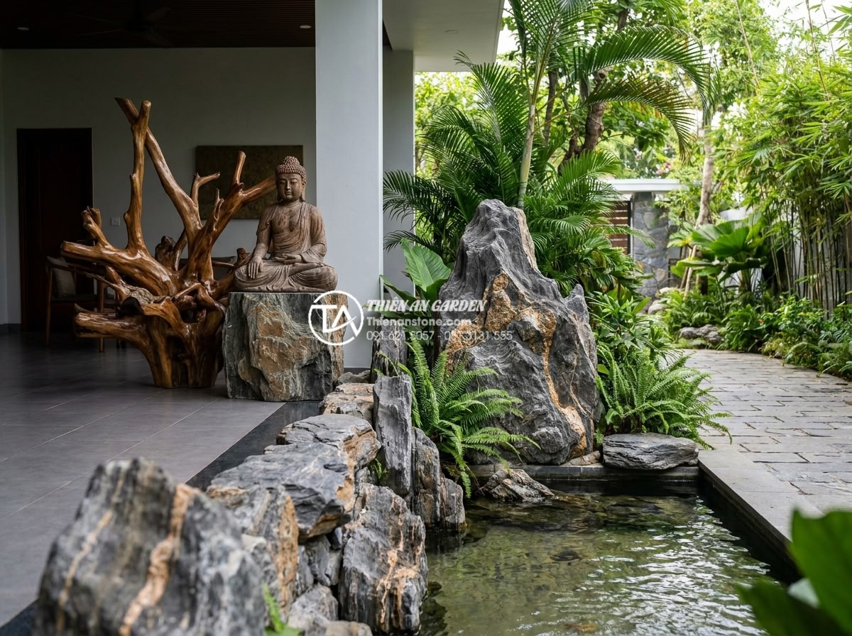 Tiểu cảnh gỗ lũa kết hợp tượng Phật: Không gian thiền định tại gia - Integrated view of indoor-outdoor transition space with driftwood sculpture, Bud