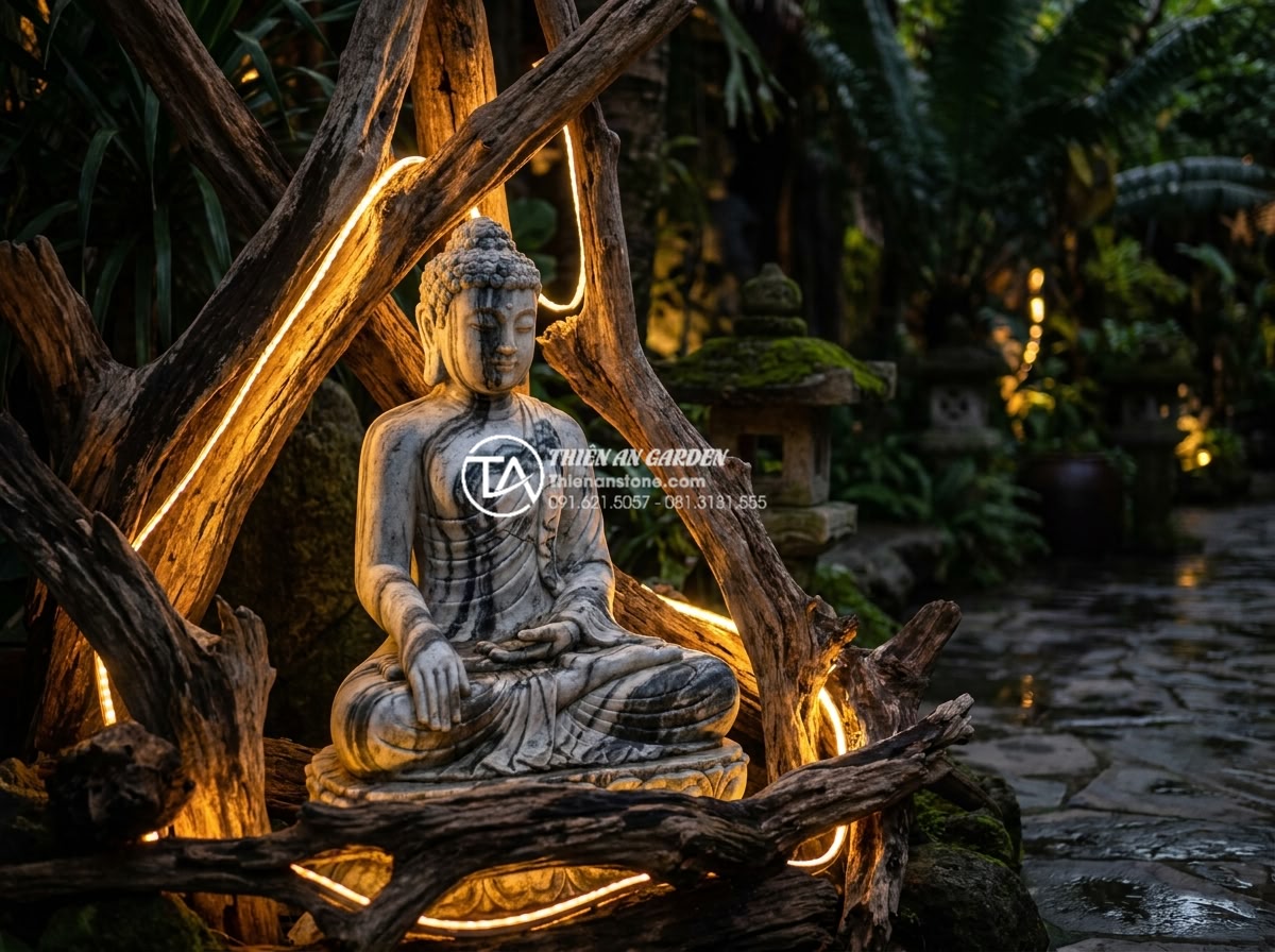 Tiểu cảnh gỗ lũa kết hợp tượng Phật: Không gian thiền định tại gia - Dramatic night view of illuminated driftwood and Buddha statue using warm LED li