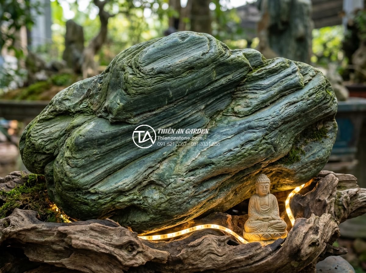 Tiểu cảnh gỗ lũa kết hợp tượng Phật: Không gian thiền định tại gia - Close-up of LED lighting setup on driftwood base with Buddha statue glowing soft