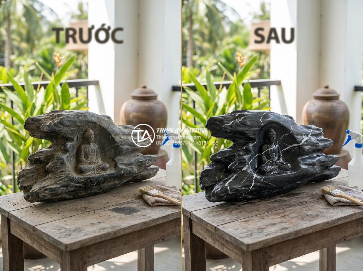 Tiểu cảnh gỗ lũa kết hợp tượng Phật: Không gian thiền định tại gia - Maintenance process shown with tools cleaning driftwood Buddha arrangement, befo