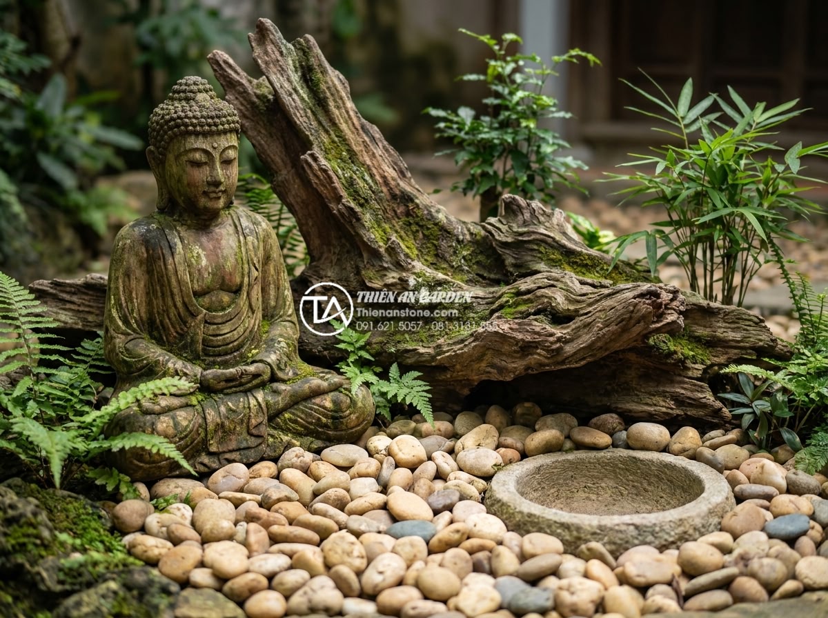 Tiểu cảnh gỗ lũa kết hợp tượng Phật: Không gian thiền định tại gia - Long-term preserved driftwood and Buddha statue display after years of care, vib