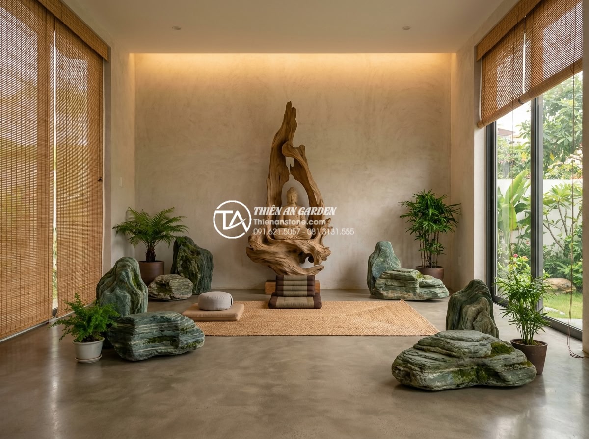 Tiểu cảnh gỗ lũa kết hợp tượng Phật: Không gian thiền định tại gia - Wide angle view of an elegant indoor meditation space with driftwood sculpture i