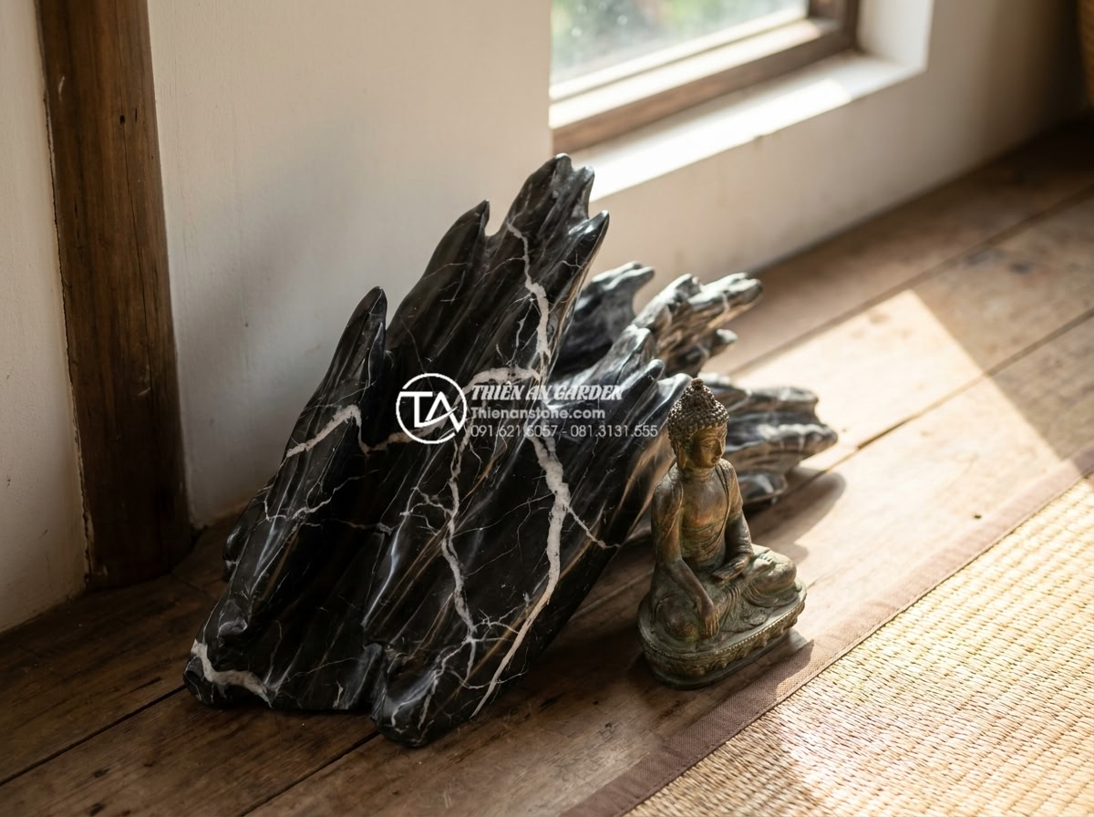 Tiểu cảnh gỗ lũa kết hợp tượng Phật: Không gian thiền định tại gia - Realistic photo of a person meditating in front of a driftwood and Buddha statue