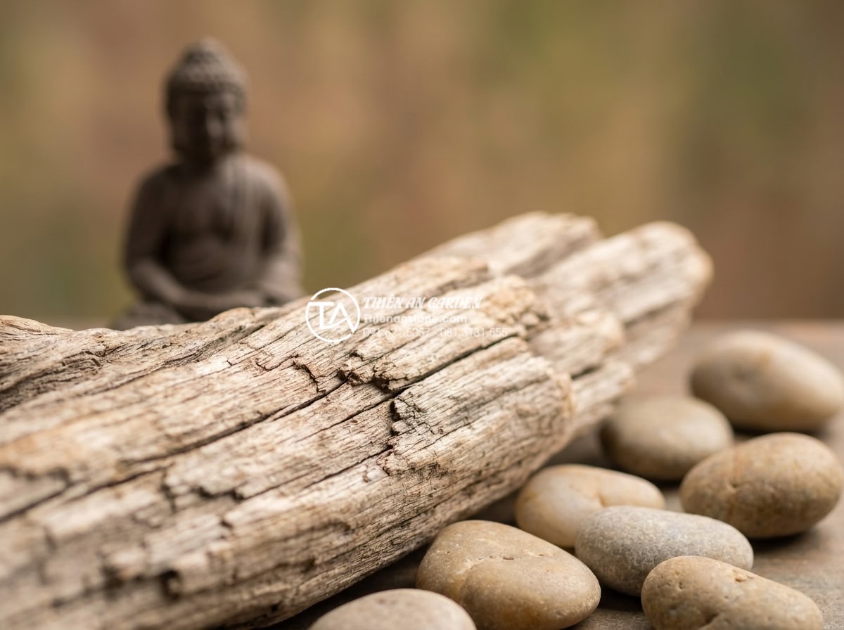 Tiểu cảnh gỗ lũa kết hợp tượng Phật: Không gian thiền định tại gia - Detailed close-up of driftwood texture with Buddha statue silhouette in backgrou