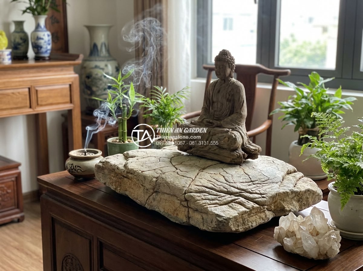 Tiểu cảnh gỗ lũa kết hợp tượng Phật: Không gian thiền định tại gia - Feng shui inspired indoor scene with driftwood Buddha arrangement positioned acc