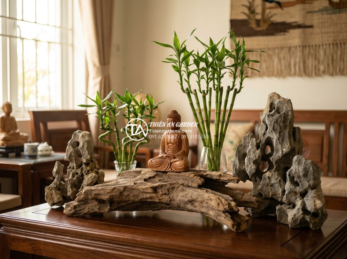 Tiểu cảnh gỗ lũa kết hợp tượng Phật: Không gian thiền định tại gia - Auspicious feng shui composition of natural driftwood base with Buddha statue, s
