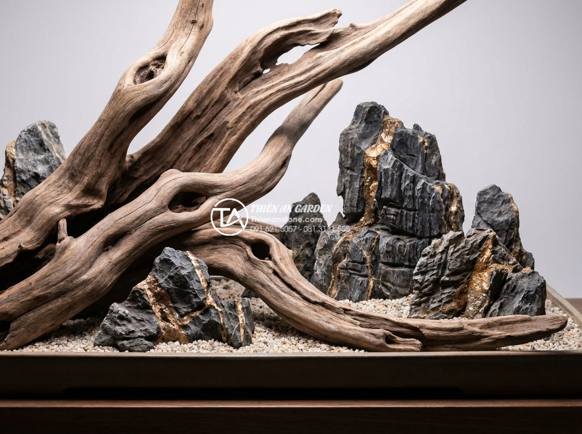 Tiểu cảnh gỗ lũa kết hợp tượng Phật: Không gian thiền định tại gia - High detail photo of premium quality driftwood pieces displayed for selection, s