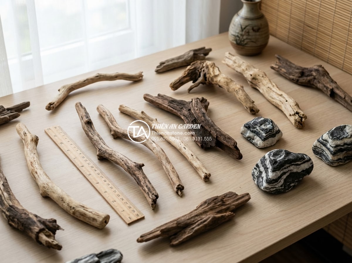 Tiểu cảnh gỗ lũa kết hợp tượng Phật: Không gian thiền định tại gia - Collection of various high-quality driftwood samples with measurement scales, na