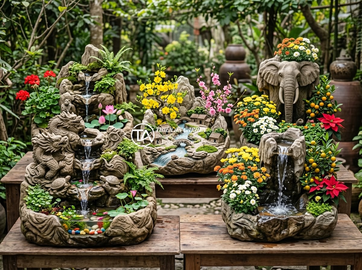 Tiểu cảnh hoa tết kết hợp thác nước: Mang hơi thở thiên nhiên vào không gian - Collection of beautiful Tet waterfall miniatures showcasing different flower com