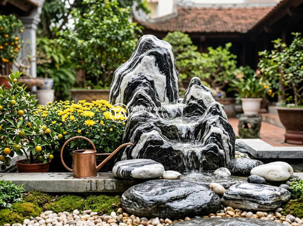 Tiểu cảnh hoa tết kết hợp thác nước: Mang hơi thở thiên nhiên vào không gian - Maintenance tips visualized with clean stone waterfall miniature, fresh Tet flow
