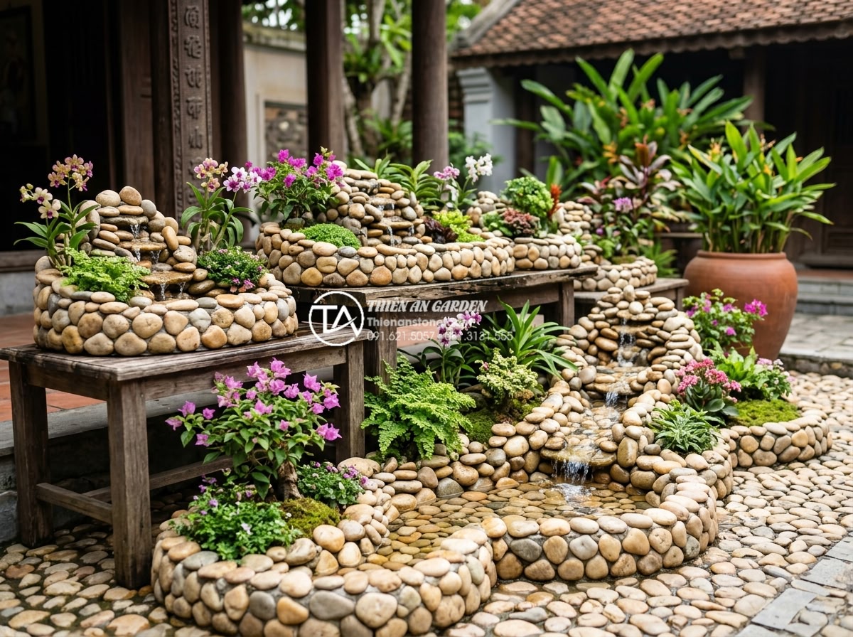 Tiểu cảnh hoa tết kết hợp thác nước: Mang hơi thở thiên nhiên vào không gian - Versatile uses of vibrant miniature scenes in home, villa and resort settings fe