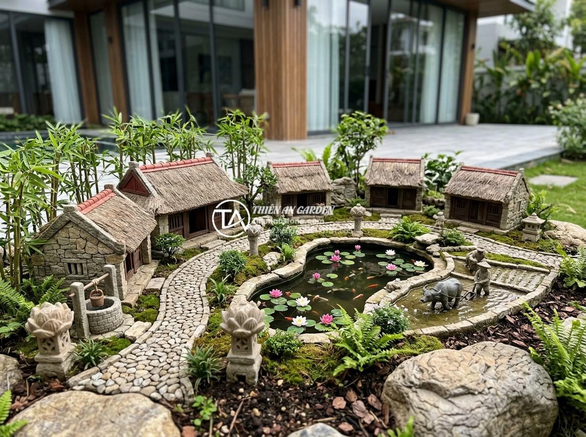 Tiểu cảnh làng quê Bắc Bộ: Nghệ thuật tái hiện hồn quê trong kiến trúc hiện đại - Serene miniature Northern Vietnamese village scene in a modern backyard, featuri