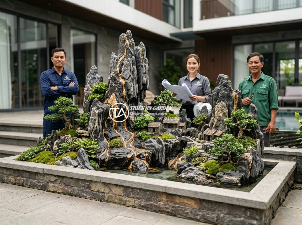 Tiểu cảnh làng quê Bắc Bộ: Nghệ thuật tái hiện hồn quê trong kiến trúc hiện đại - Hình 10 Tiểu cảnh làng quê Bắc Bộ: Nghệ thuật tái hiện hồn quê trong kiến trúc hiện đại - Professional team photo of Đá Cảnh Thiên An experts standing proudly next to a c