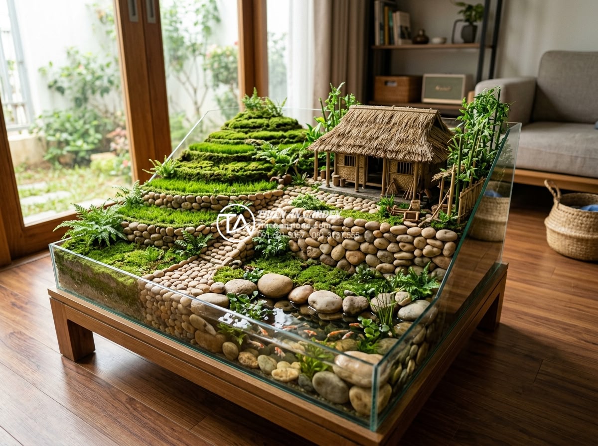 Tiểu cảnh làng quê Bắc Bộ trong nhà phố: Cách tối ưu ánh sáng và độ ẩm - Detailed realistic photograph of a miniature northern Vietnamese village landsca