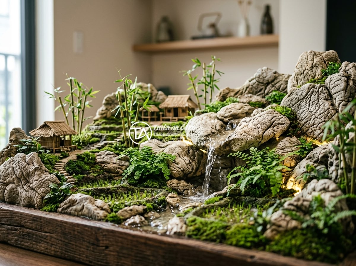 Tiểu cảnh làng quê Bắc Bộ trong nhà phố: Cách tối ưu ánh sáng và độ ẩm - Close-up photorealistic image of an indoor miniature northern Vietnamese country