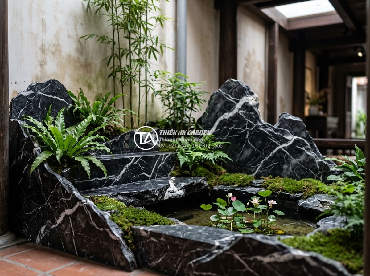 Tiểu cảnh làng quê Bắc Bộ trong nhà phố: Cách tối ưu ánh sáng và độ ẩm - High resolution photorealistic image of carefully selected natural stone and pla