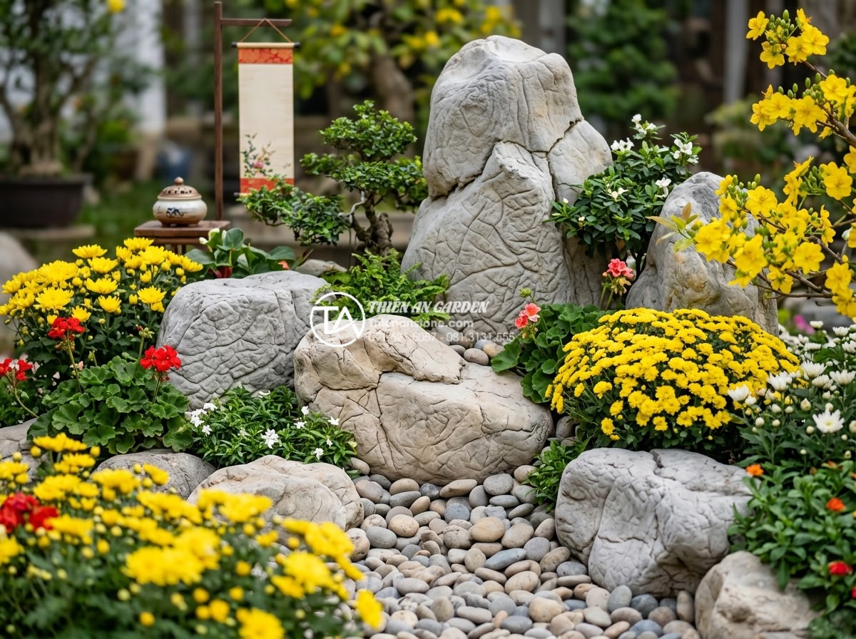 Top 10 loài hoa kết hợp hoàn hảo nhất với tiểu cảnh đá cuội ngày tết - Traditional Vietnamese Tet pebble stone landscape with vibrant spring flowers bl