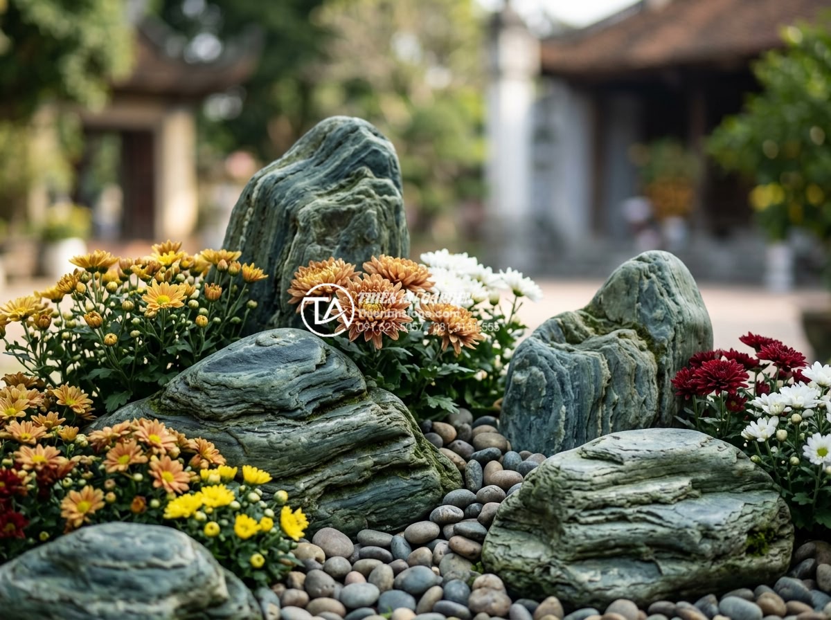 Top 10 loài hoa kết hợp hoàn hảo nhất với tiểu cảnh đá cuội ngày tết - Assortment of chrysanthemums in various colors integrated seamlessly with river 