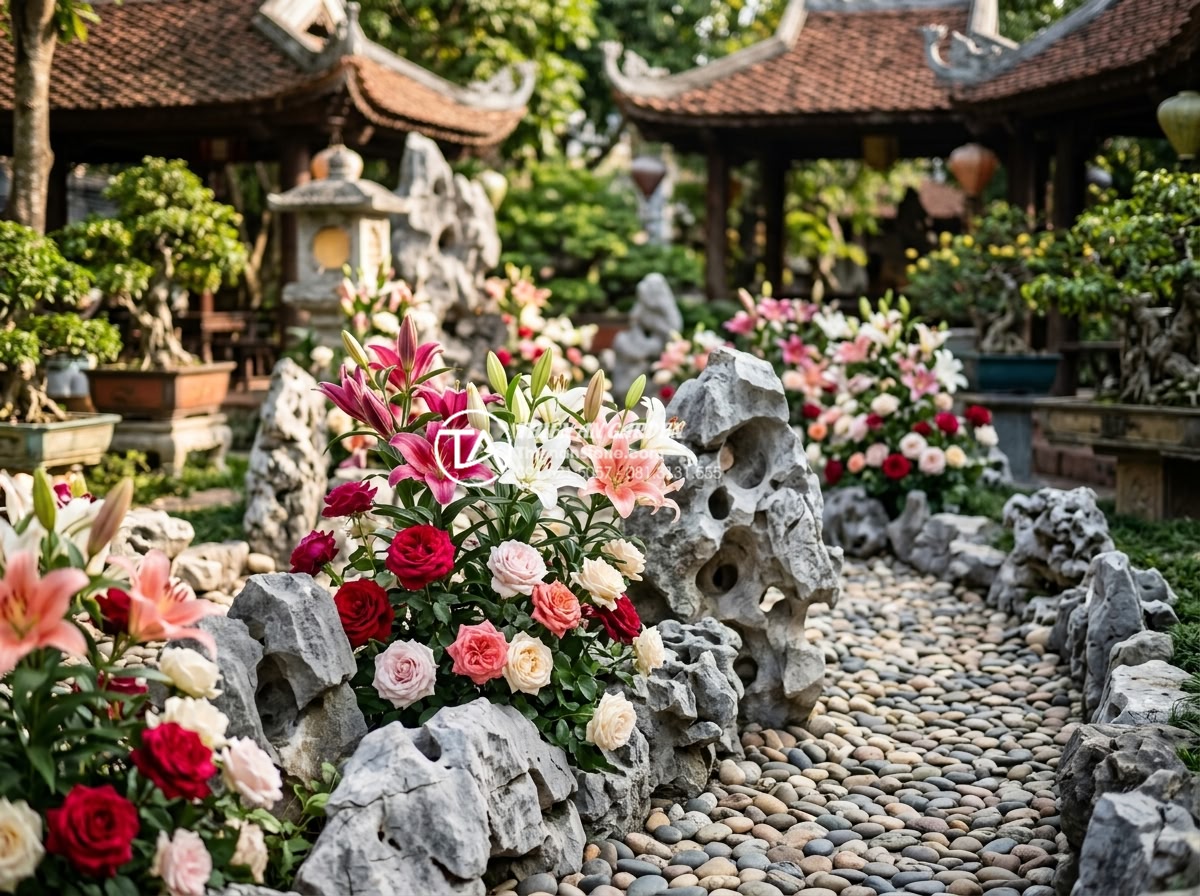 Top 10 loài hoa kết hợp hoàn hảo nhất với tiểu cảnh đá cuội ngày tết - Sophisticated lily and rose flowers enhancing pebble stone designs in festive ga