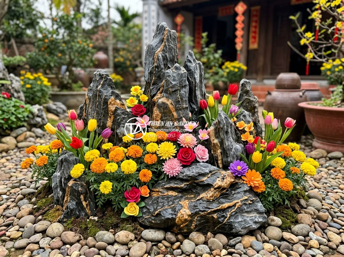 Top 10 loài hoa kết hợp hoàn hảo nhất với tiểu cảnh đá cuội ngày tết - Mixed colorful marigolds, paper flowers and tulips arranged with natural pebble 