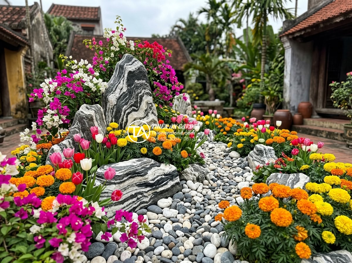 Top 10 loài hoa kết hợp hoàn hảo nhất với tiểu cảnh đá cuội ngày tết - Dynamic arrangement of marigold, paper and tulip flowers with pebble features fo