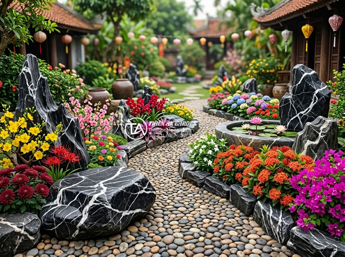 Top 10 loài hoa kết hợp hoàn hảo nhất với tiểu cảnh đá cuội ngày tết - Complete top 10 flower combinations showcasing various blooms with natural pebbl