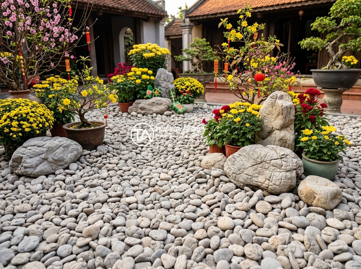 Top 10 loài hoa kết hợp hoàn hảo nhất với tiểu cảnh đá cuội ngày tết - Finished constructed pebble stone garden with Tet flowers ready for celebration