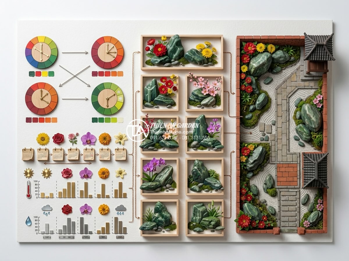 Top 10 loài hoa kết hợp hoàn hảo nhất với tiểu cảnh đá cuội ngày tết - Detailed planning illustration of criteria for selecting flowers to pair with pe